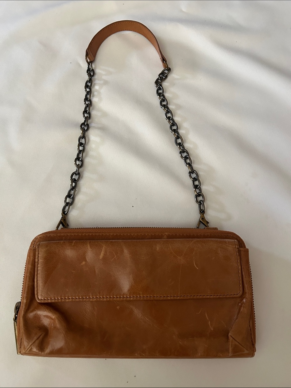 HOBO Cognac Leather Wristlet with Gunmetal Chain Strap